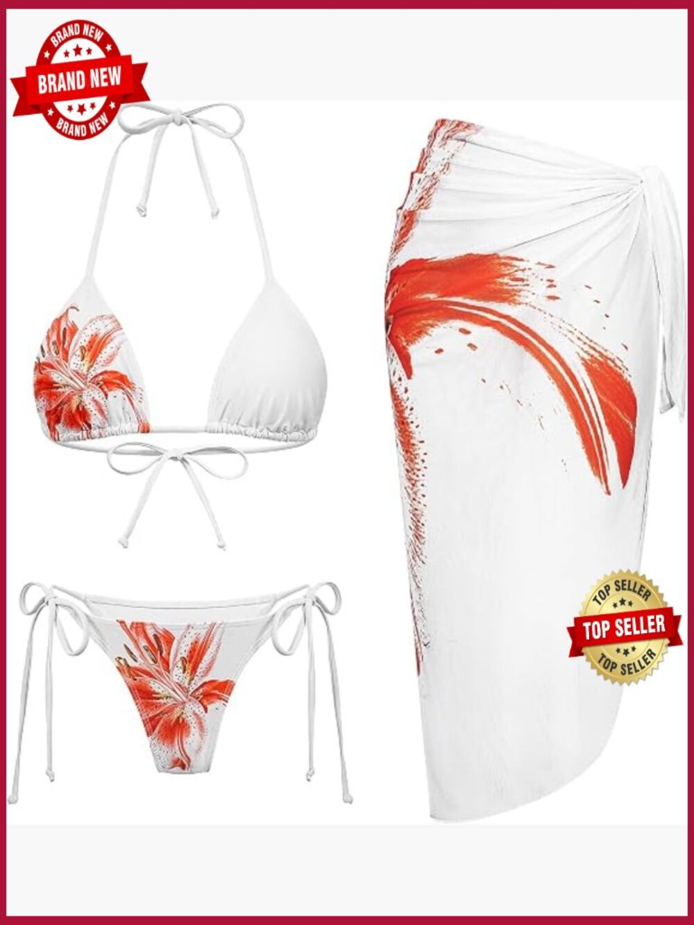 3pc Floral Bikini Set with Wrap Skirt Cover Up Triangle Top Push Up